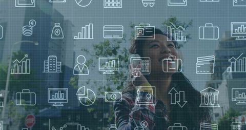 Businesswoman Using Smartphone with Financial Icons Overlay in Cityscape