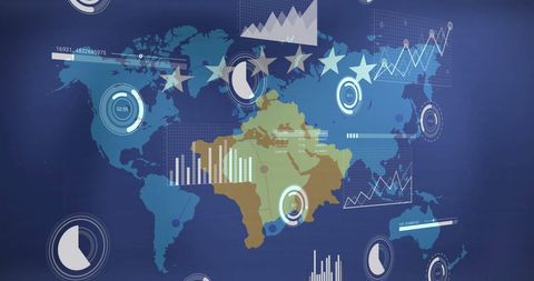 Shows futuristic scene combining world map with various data charts and graphs. Ideal for illustrating global data analytics, business intelligence, financial forecasting, and informational infographics conveying complex data and strategic insights.