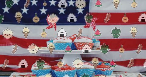 Playful Food Icons Over Cupcakes and American Flag Background - Download Free Stock Images Pikwizard.com