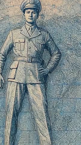 Vertical video capturing military officer statue standing on engraved plaque honoring service