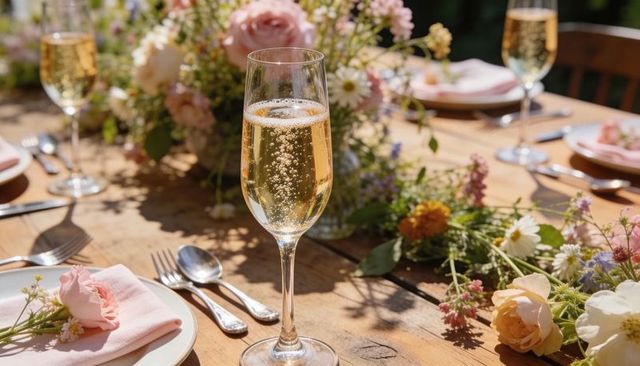 Sparkling champagne flute with rising bubbles on wooden table and floral centerpiece