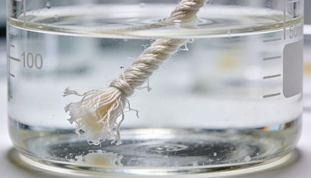 Frayed cotton rope suspending in beaker of water with bubbles and visible measurement scale