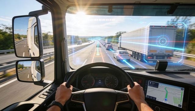 Truck driver navigating highway with augmented reality hud and gps in modern cab