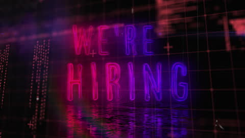 Neon We're Hiring Sign with Digital Data Background