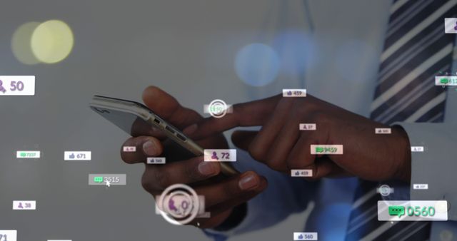 Illustrates social media use and engagement through close-up of hands using smartphone with notification icons. Useful for content on social media, digital marketing, technology, communication, and networking. Can be applied in blogs, articles, advertisements, and presentations addressing social media trends or user interaction with technology.