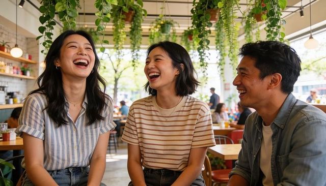 Three young adults laughing over coffee in sunlit urban cafe with hanging plants