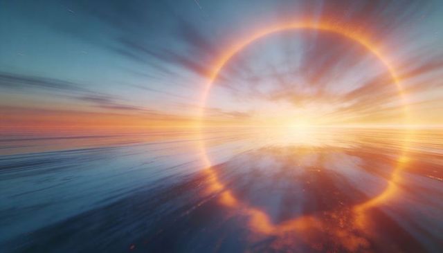 Golden sun halo rising over mirrored ocean at sunrise with radiant circular aureole