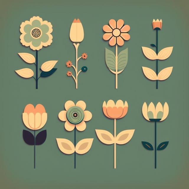 Multiple diverse flowers lying on green background, created using generative ai technology. Retro, nature and flower concept.