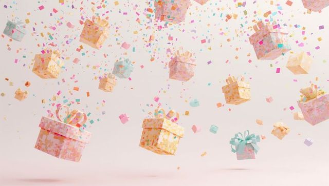 Floating pastel gift boxes with confetti and ribbons, celebration background, levitation