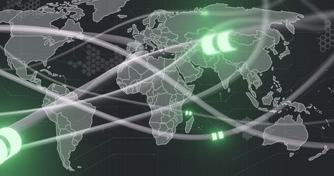 Global data transfer with glowing green nodes