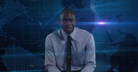 Businessman Speaking in Front of Global Data Projection