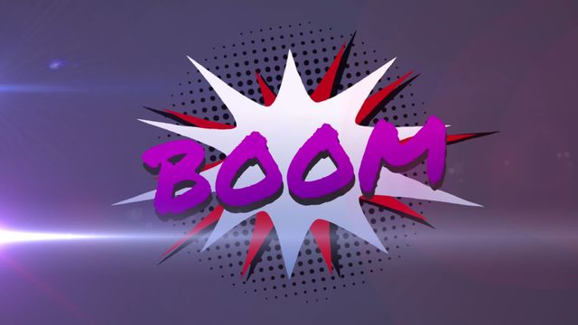 Graphic featuring vibrant purple boom text with a dynamic pop-art style explosion. Suitable for comic book designs, entertainment media, and creative advertisements conveying impact or excitement.