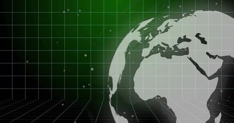 Halftone globe on futuristic green grid with digital data dots and 3d perspective