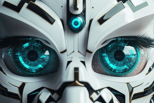 Portrait of human robot with white robot parts and blue eyes, created using generative ai technology. Cyber, android, futuristic and human robot concept.