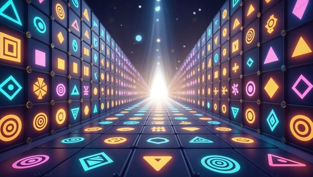 Futuristic neon corridor with digital symbols