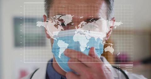 Doctor adjusting surgical mask with world map overlay global health data analytics
