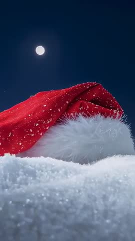 Swaying Santa Hat on Snowdrift under Full Moon Vertical Holiday Winter Motion Loop
