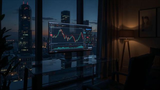 Home Office with Trading Charts at Dusk Showcasing Night View