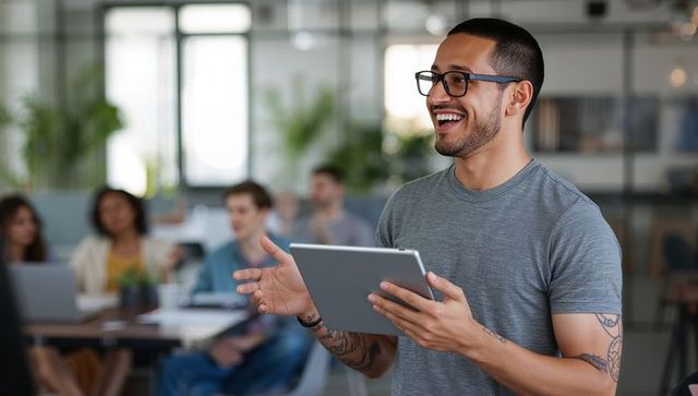 Smiling presenter holding tablet leading collaborative team workshop in modern open office