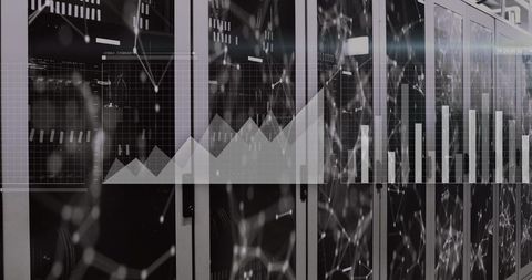 Displaying monochrome server racks with analytics overlay for network infrastructure
