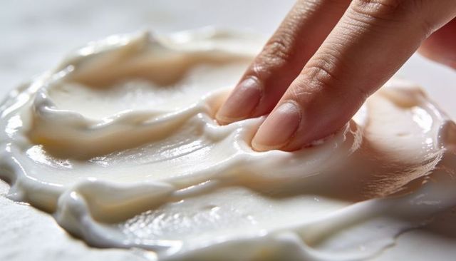 Fingers pressing thick white moisturizer spreading smooth lotion texture closeup skincare