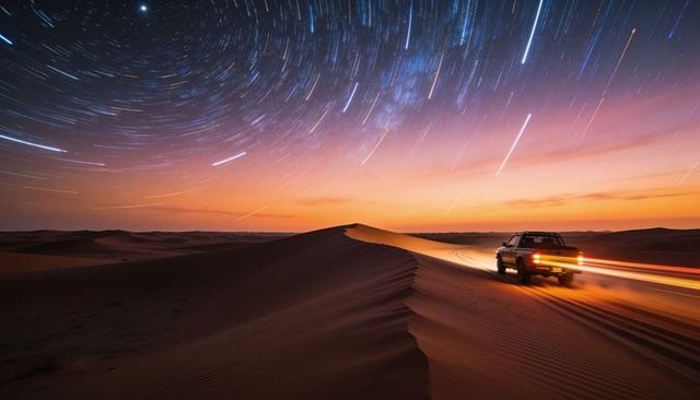 4x4 driving along dune crest at twilight with star trails and taillight streaks