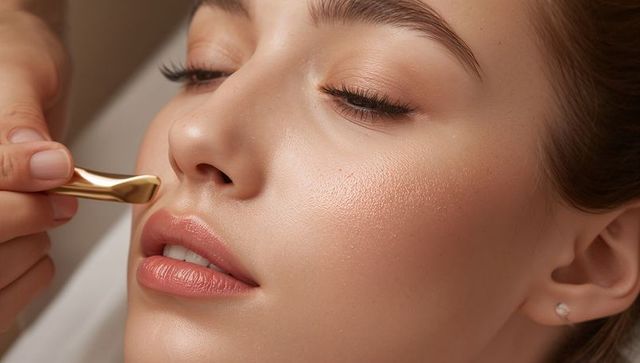 Reclining female client receiving gold gua sha facial treatment with dewy skin close-up
