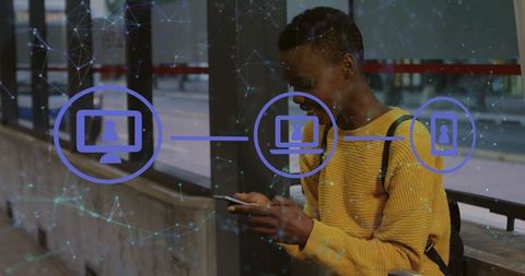 Woman engaging with technology on public transit platform