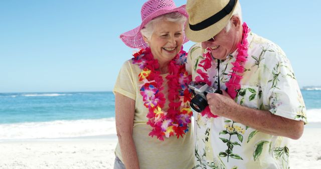 Elderly couple wearing leis and summer attire, smiling and looking at a camera by the beach on a sunny day. Ideal for travel and leisure concepts, active seniors, retirement lifestyle promotions, vacation advertisements, celebration of life campaigns.