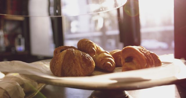 Freshly baked croissants resting on a platter in a sunlit cafe. Perfect for promoting bakery items, morning routines, cafes, breakfast menus, and cozy dining experiences. Captures the warmth and welcoming atmosphere of a cafe.