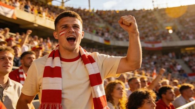 Passionate football fan cheering loudly in sunlit stadium wearing red white scarf