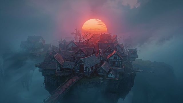 Ethereal island village at magical sunset