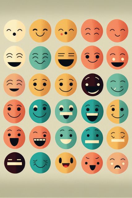 Rows of retro smiley icons, created using generative ai technology. Social media and communication concept digitally generated image.