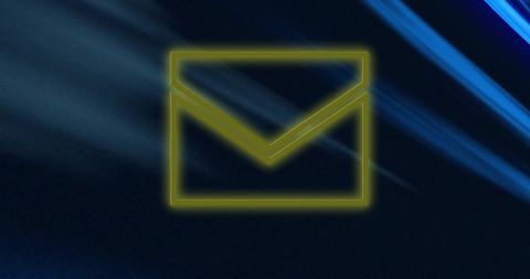 Neon mail icon on glowing light trails background
