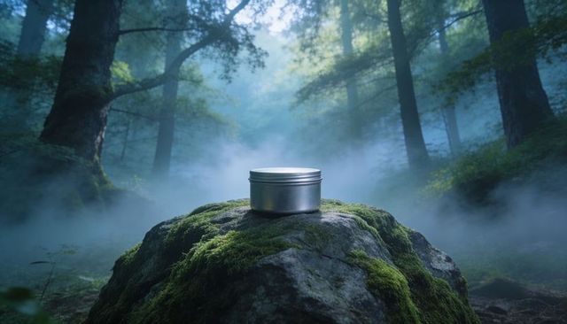 Reflective metal tin resting on moss-covered boulder in misty forest, moody nature scene