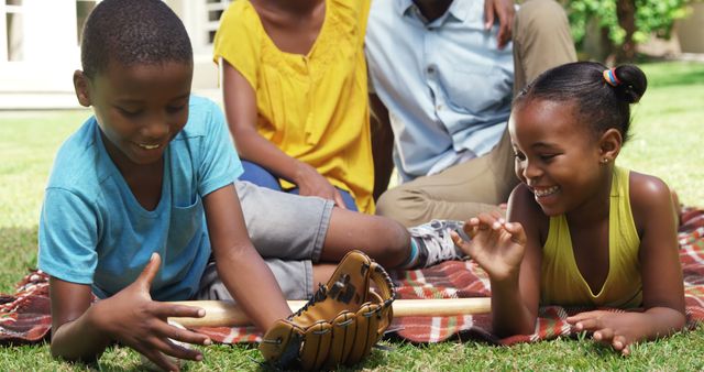 Happy Children Playing with Baseball Glove Outdoors in Sunny Weather - Download Free Stock Images Pikwizard.com