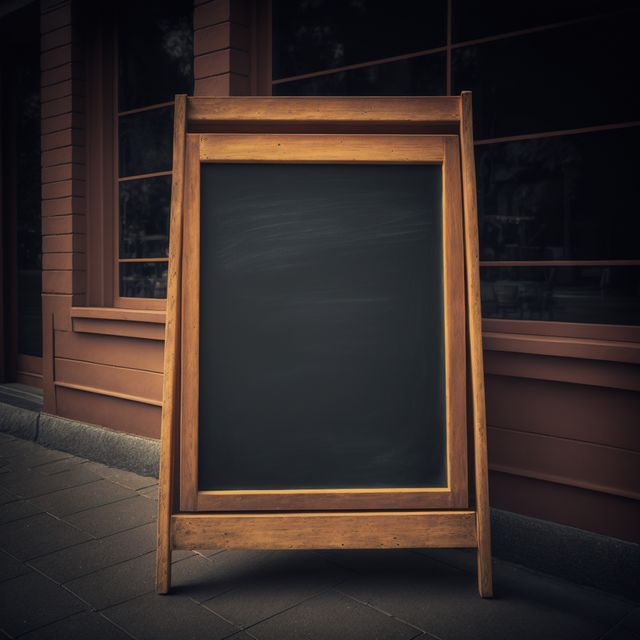 Empty chalkboard sign placed outside building is perfect for customizable advertisements or announcements for a business. Use for restaurants, cafes, shops, or any retail location looking to communicate daily specials, promotions, or public notices to pedestrians.