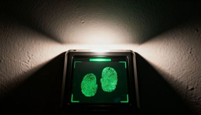 Biometric fingerprint scanner displaying twin green prints and led lighting for secure access contro