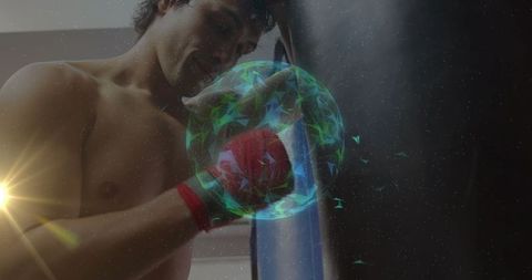Boxer striking heavy bag with futuristic hologram effect