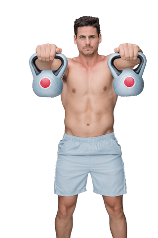 Caucasian Sportsman Lifting Kettlebells on Transparent Background