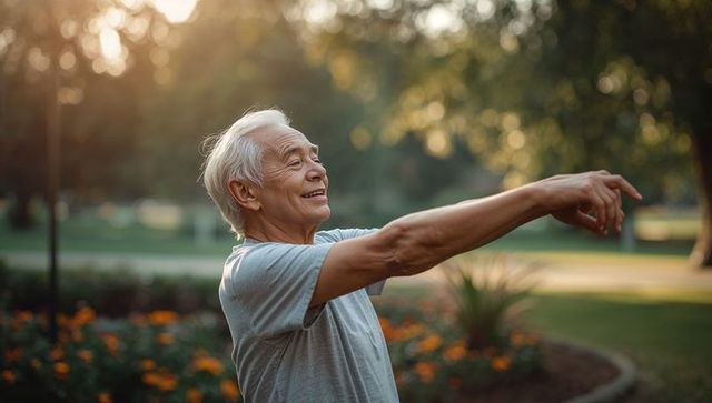Senior man stretching shoulders in park during golden hour - mindful active aging wellness