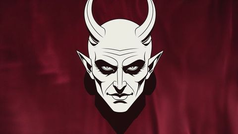 Stylized satan head with horns on burgundy backdrop