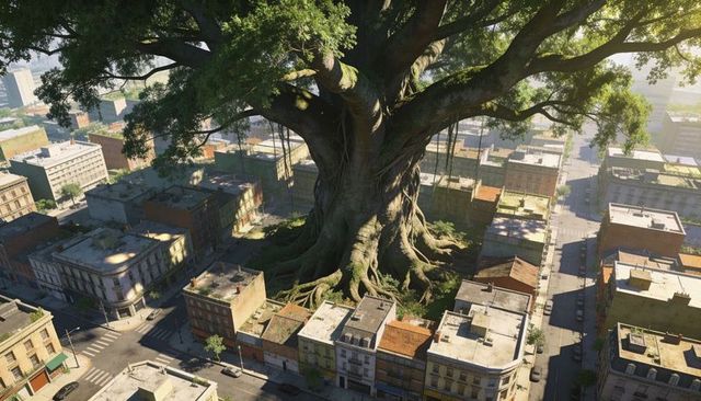 Towering ancient tree spreading massive buttress roots across downtown city blocks