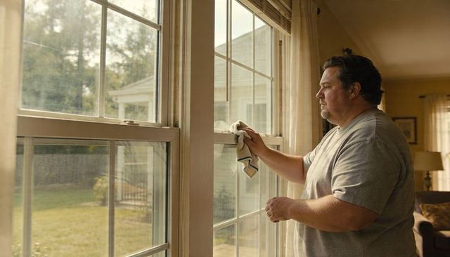 Man cleaning multi-pane window with striped cloth in sunlit living room, home maintenance
