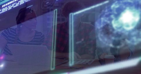 Team Collaborating with Futuristic Holographic Technology