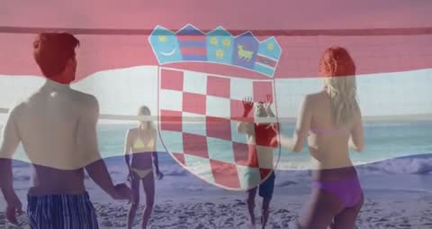 Beach Volleyball Game with Croatian Flag Overlay
