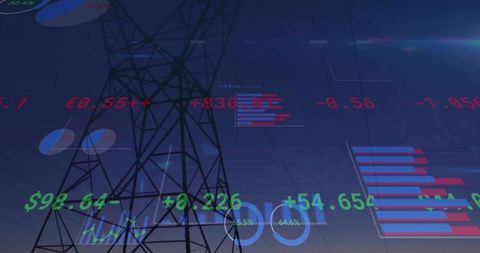 Transmission tower silhouetting with neon data overlay and financial hud at dusk