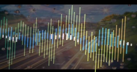 Pulsating neon audio waveform over dusk highway light trails for music and tech visuals