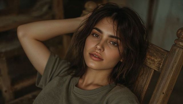Intimate closeup of young woman reclining and leaning back on rustic carved wooden chair