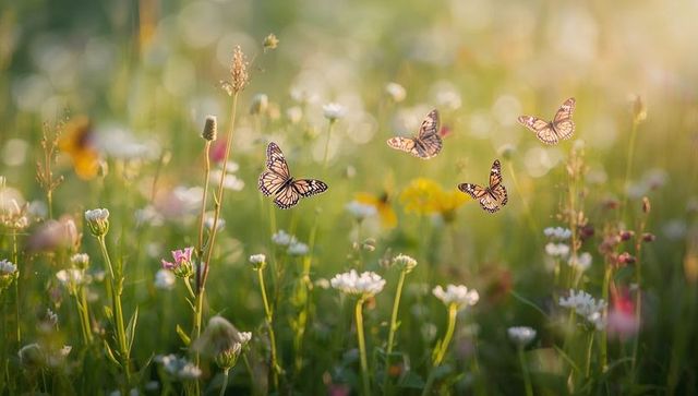 Fluttering monarch butterflies dancing over wildflower meadow with soft pastel bokeh
